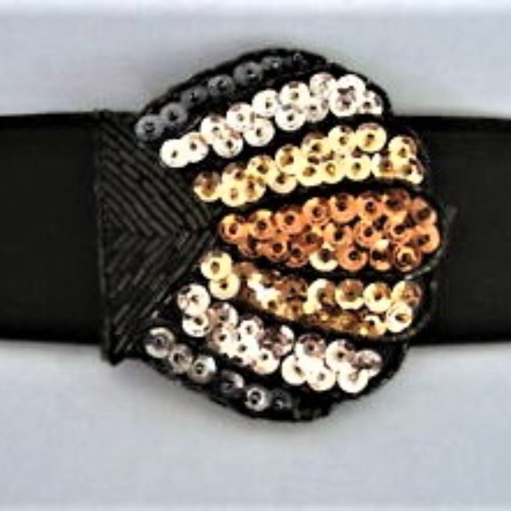 Beaded-sequins-fan buckle on black elastic belt